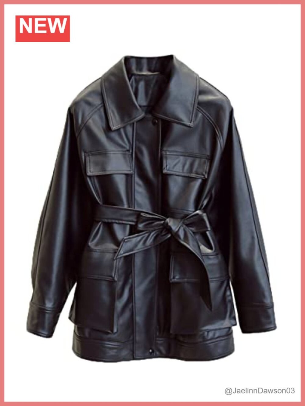 Faux Leather Belted Shirt Jacket Blazer Coat with Bust Pocket